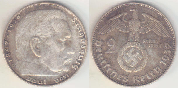 1937 D Germany silver 2 Mark A004681